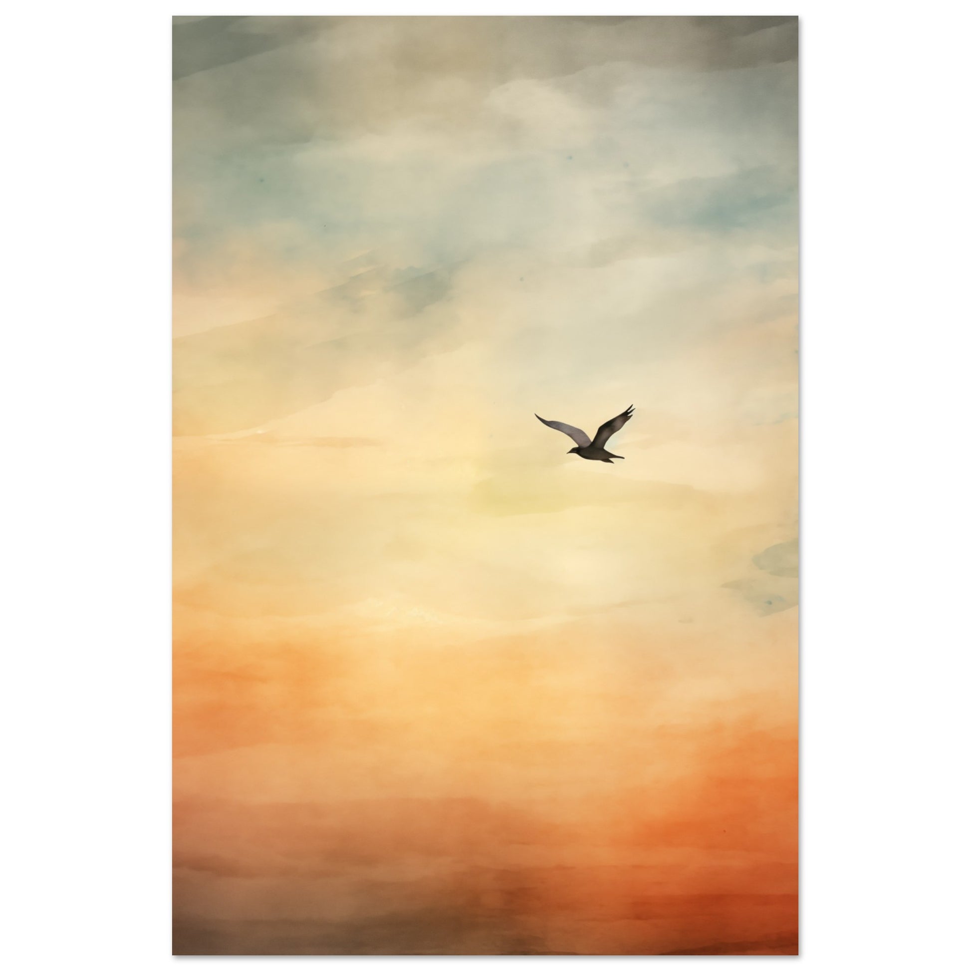 Poster „Flug in den Sonnenuntergang“ mit einzelner Vogel im Flug vor weich verlaufendem Sonnenuntergang in Orange, Gelb und Blau, 60x90 cm