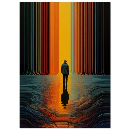 Poster „The Path Beyond“ mit einsamer Figur vor leuchtendem Farbkorridor, 13x18 cm