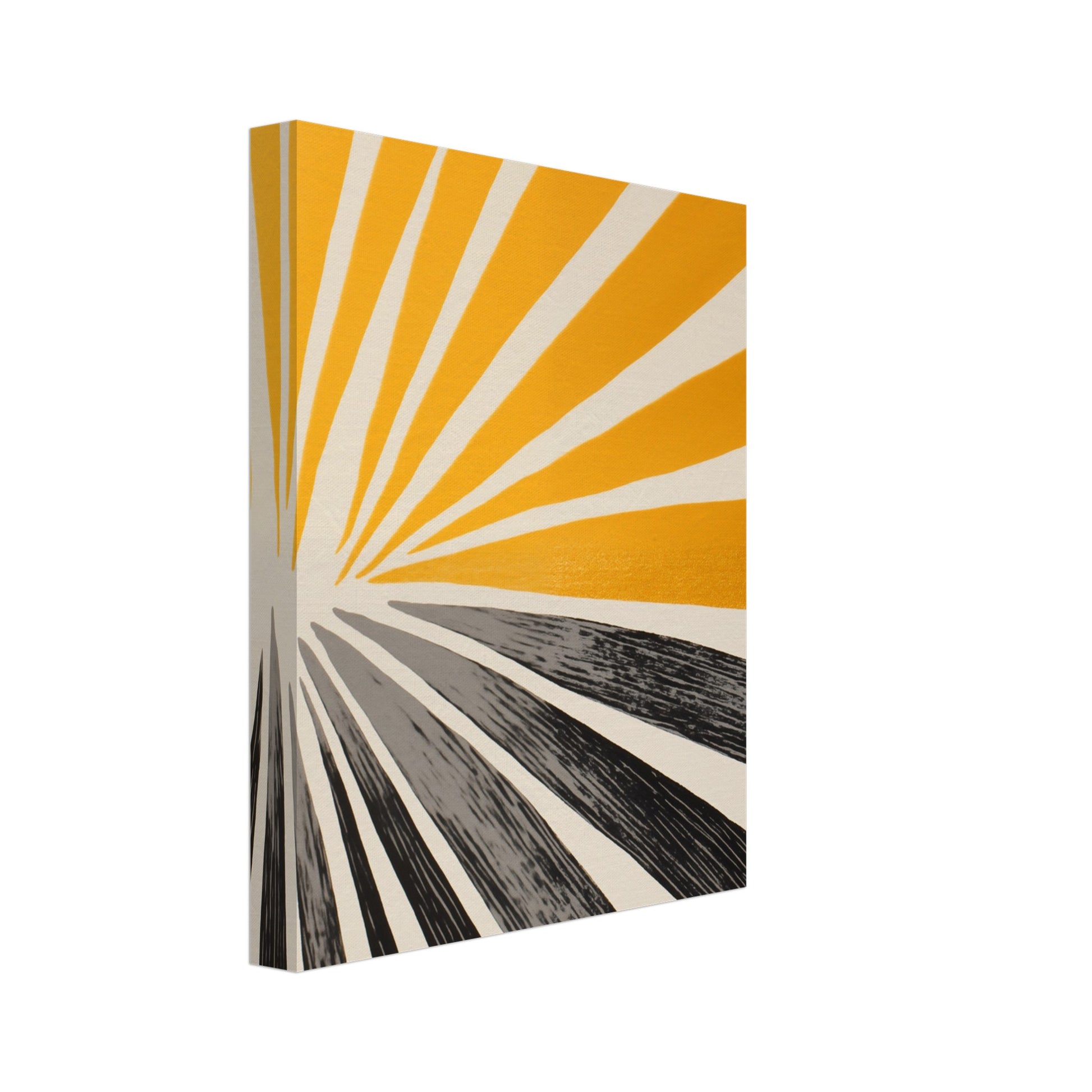 Leinwand „Strahlen der Kraft“ mit grafischem Sonnenstrahlen-Motiv in Senfgelb, Creme und Schwarz, 20x25 cm