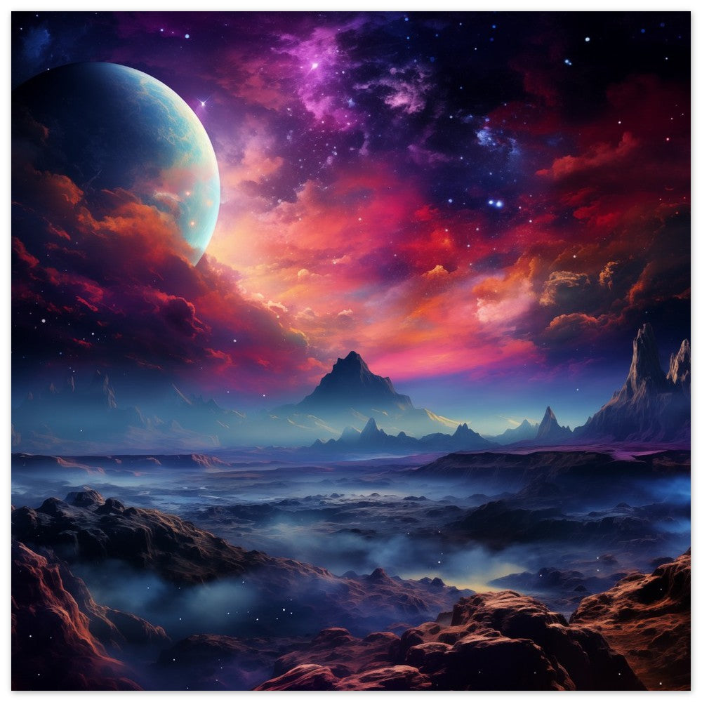 Wandbild „Kosmische Serenade“ mit kosmischer Meereslandschaft mit Planeten und violett-orangefarbenem Himmel, 50x50 cm