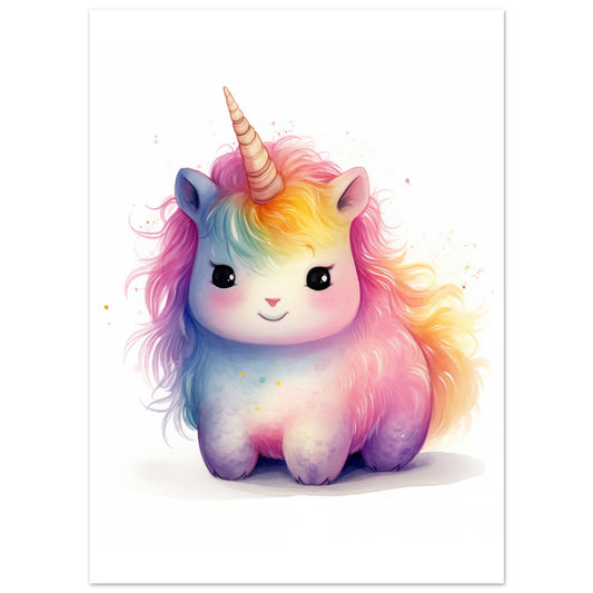Poster „Einhorn "Luna"“ mit niedliches rosa Einhorn mit Regenbogenmähne, 13x18 cm