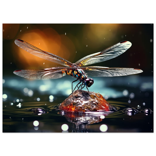 Poster „Dämmerungstänzer“ mit Libelle über glitzernder Wasseroberfläche im warmen Dämmerungslicht, Format 13 × 18 cm