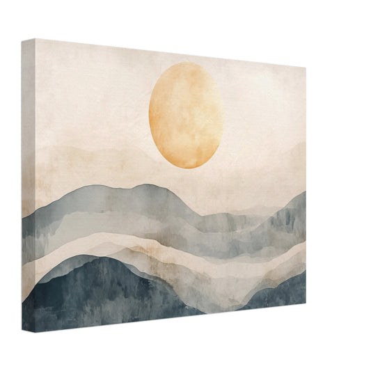 Leinwand „Japandi Sonnenaufgang“ mit abstrakte Berglandschaft im Japandi-Stil mit heller Sonne in warmen Beige- und Grautönen, 30x40 cm