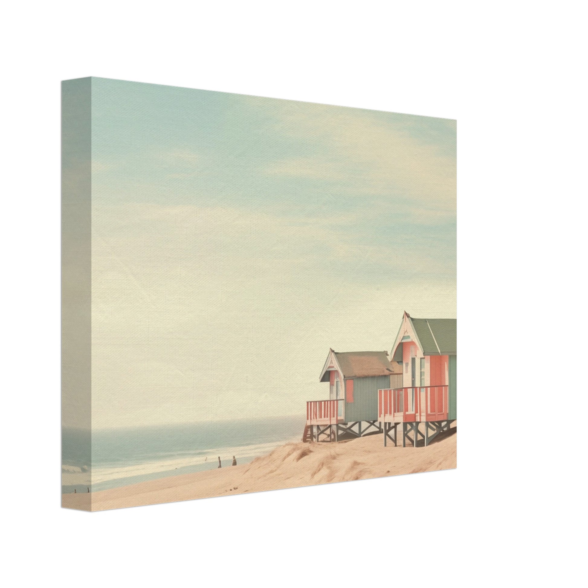 Leinwand „Stille Beobachtung“ mit ruhigem Pastellstrand mit kleinen roten Häusern, 20x25 cm