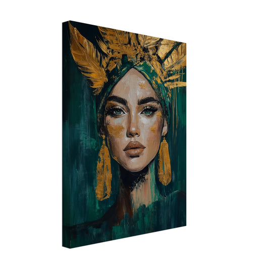 Leinwand „Goldene Stärke“ mit regales Frauenporträt mit goldenem Kopfschmuck vor tiefgrünem Hintergrund, 30x40 cm