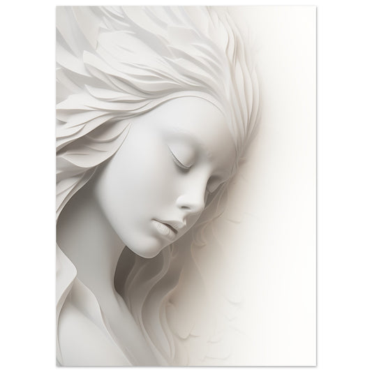 Poster „Gedankenstille in Marmor“ mit ruhiges Frauenprofil in weißer Marmoroptik mit fließenden Haarformen, 13x18 cm