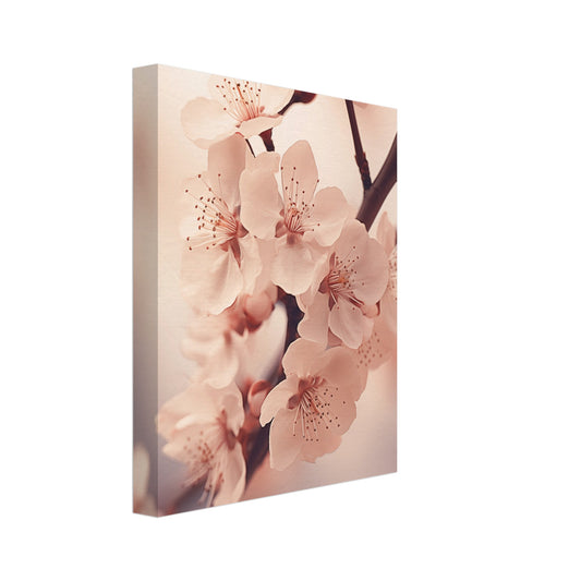 Leinwand „Kirschblüten“ mit zarte rosafarbene Kirschblüten an dunklen Zweigen mit weicher Tiefenwirkung, 20x25 cm