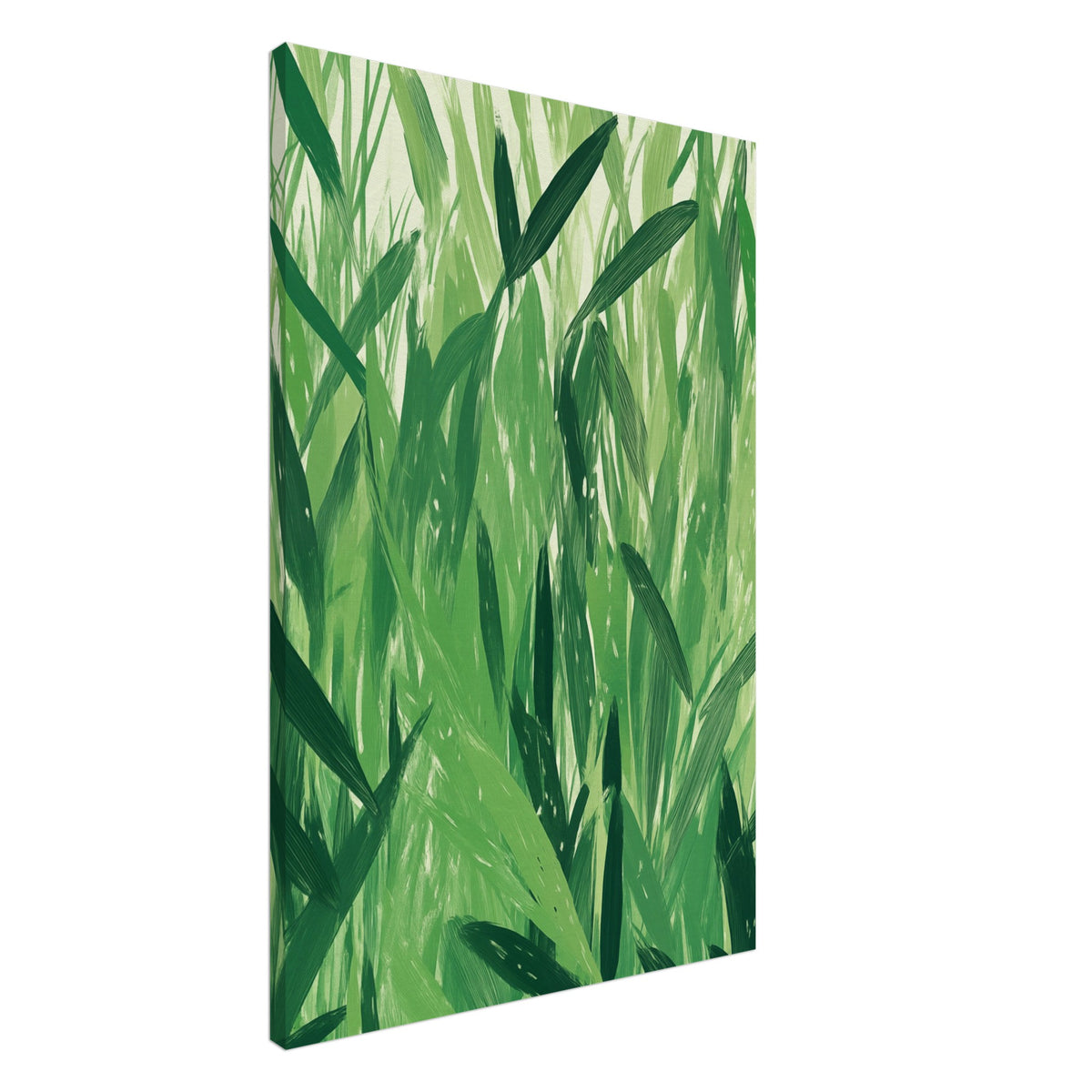 Leinwand „Grüne Harmonie , Abstrakte Natur“ mit dichtes Muster aus grünen Gräsern und Blättern in verschiedenen Grüntönen, 60x90 cm