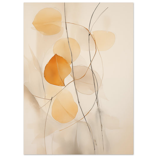 Poster „Herbstliche Abstraktion“ mit feine botanische Linien und weiche organische Flächen in Creme, Apricot und Rost, 13x18 cm