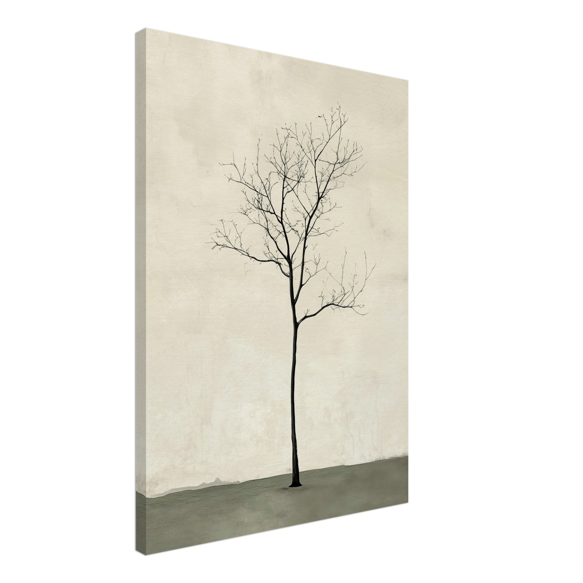 Leinwand „Baum in der Stille“ mit einzelnem kahlem Baum auf Creme mit ruhiger grauer Bodenfläche, 50 × 70 cm