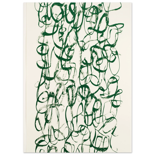 Poster „Verworrene Gedanken , Abstrakte grüne Kalligrafie“ mit grünem Geflecht aus kalligrafischen Linien und Schleifen, 13x18 cm