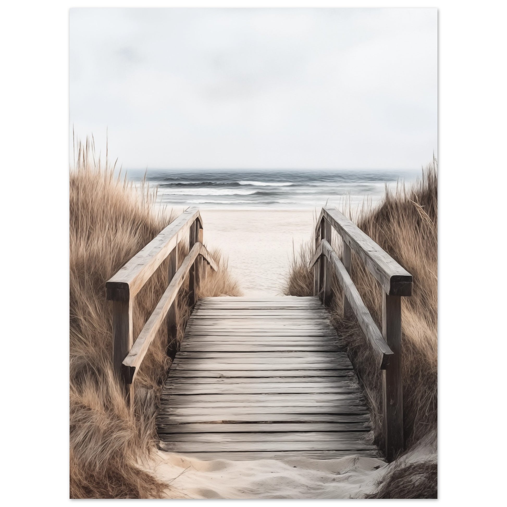 Wandbild „Holzsteg am Strand“ mit Holzsteg durch helle Dünen und Gräser zum ruhigen Meer, 30x40 cm
