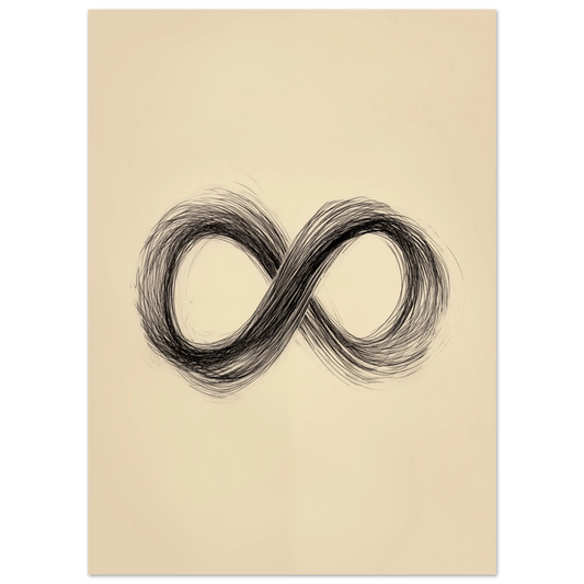 Poster „Unendlichkeit in Bewegung“ mit schwarze Unendlichkeitsschleife aus weichen Pinselstrichen auf cremefarbenem Grund, 13x18 cm