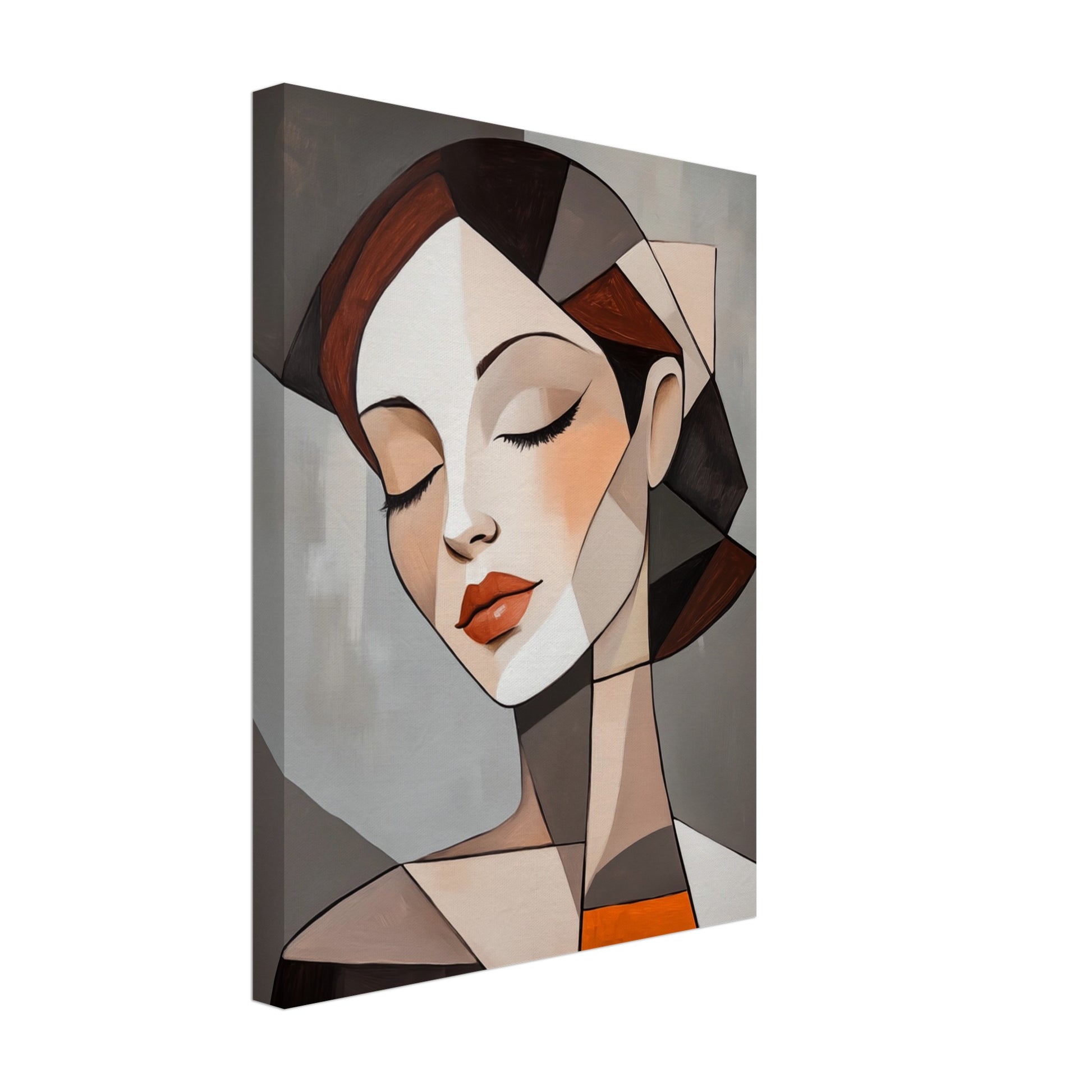 Leinwand „Geometrisches Porträt einer Frau“ mit geometrisches Frauenporträt in Schwarz, Braun, Creme, Grau und Orange, 30x40 cm
