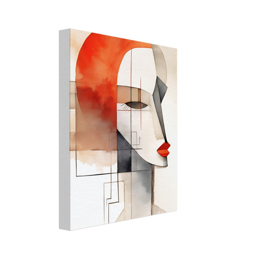 Leinwand „Contemplative Vision“ mit abstraktes weibliches Seitenprofil aus geometrischen Flächen in Rost und Grau, Format 20 × 25 cm