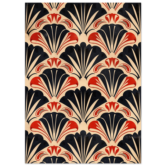 Poster „Art-Déco Opulenz“ mit schwarzem Art-Déco-Fächermuster und orangefarbenen Blütenformen, 13 × 18 cm