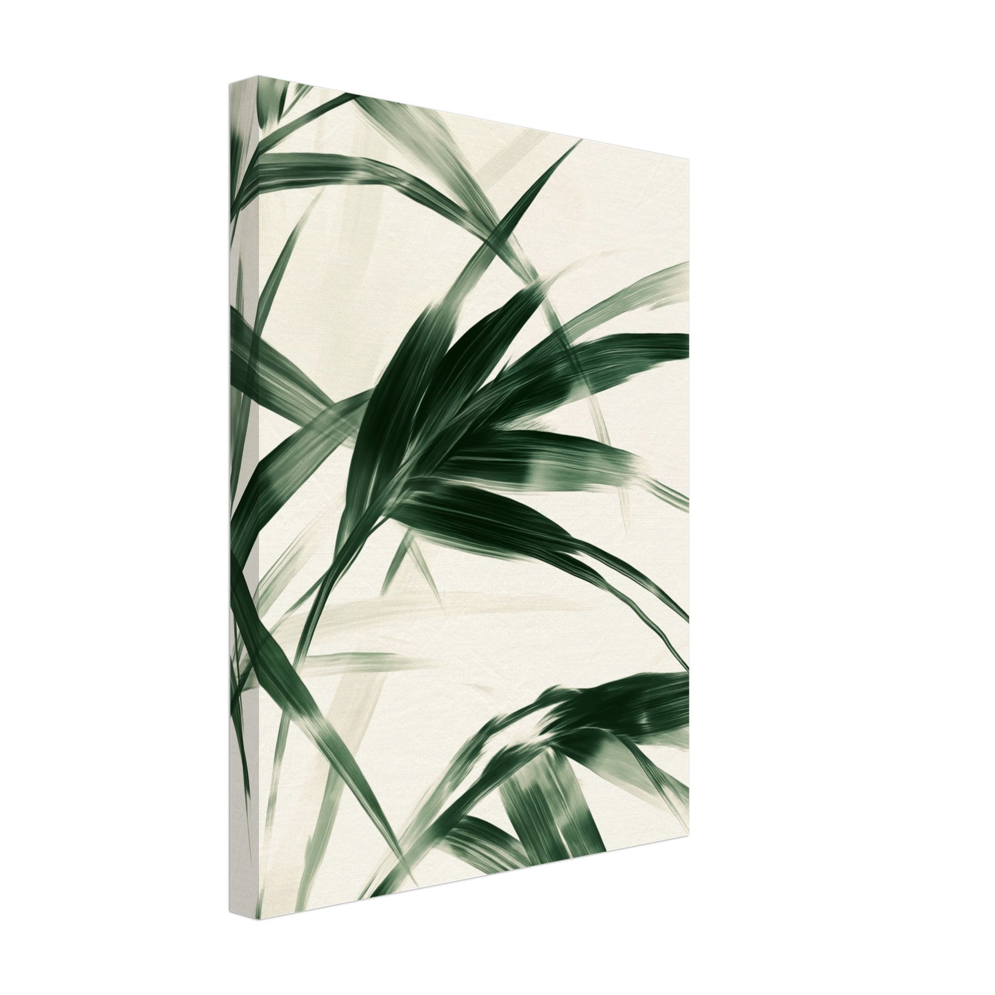 Leinwand „Palm Harmony , Minimalistisches Naturdesign“ mit minimalistische Palmblätter in Dunkelgrün auf cremefarbenem Grund, 30x40 cm