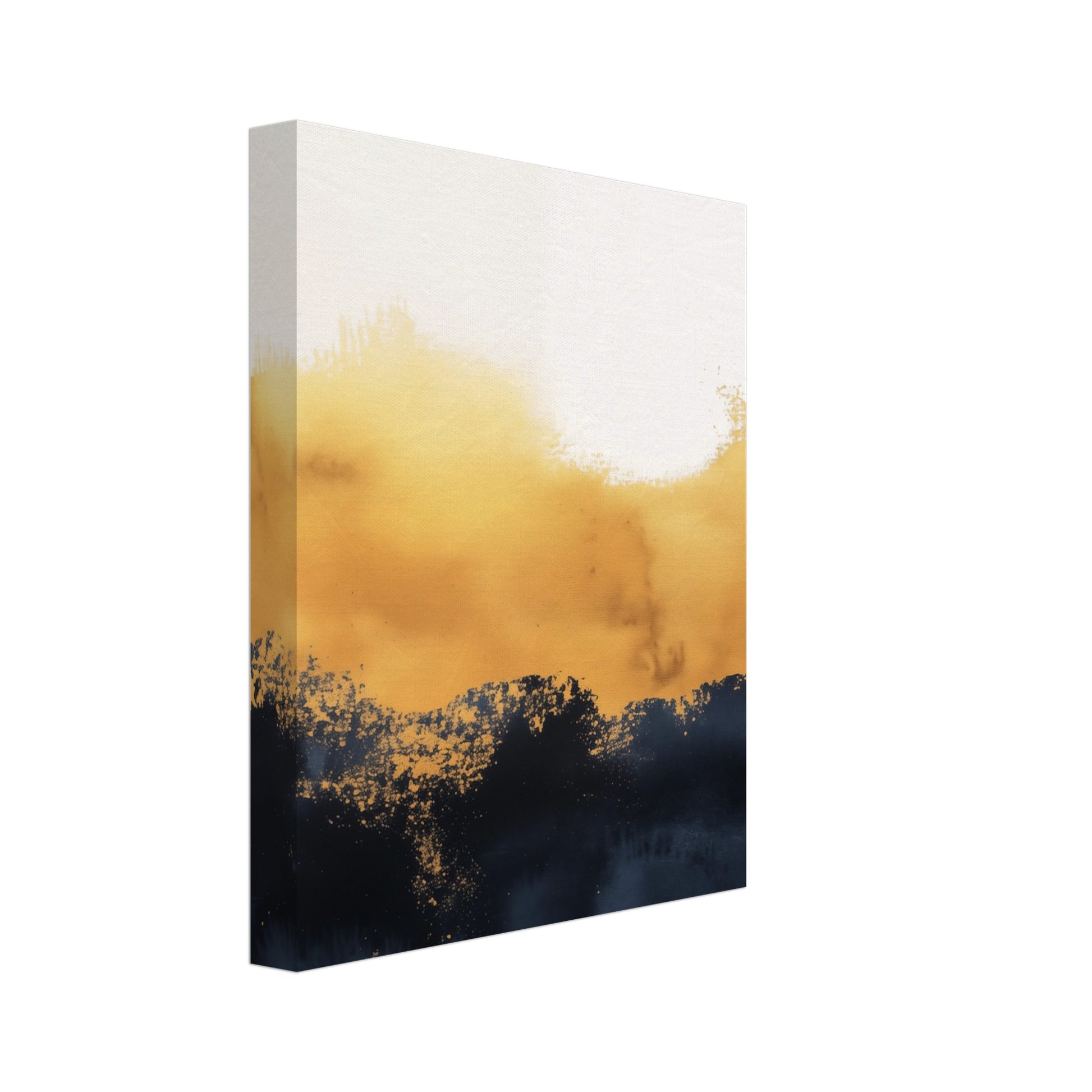 Leinwand „Goldene Morgendämmerung“ mit abstrakte goldene Lichtwolke über einer dunklen blau-schwarzen Fläche, 20x25 cm