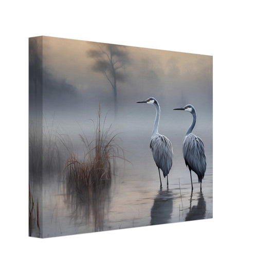 Leinwand „Morgendämmerung der Kraniche“ mit Kranichen im nebligen See vor graublauer Morgenlandschaft, 20x25 cm