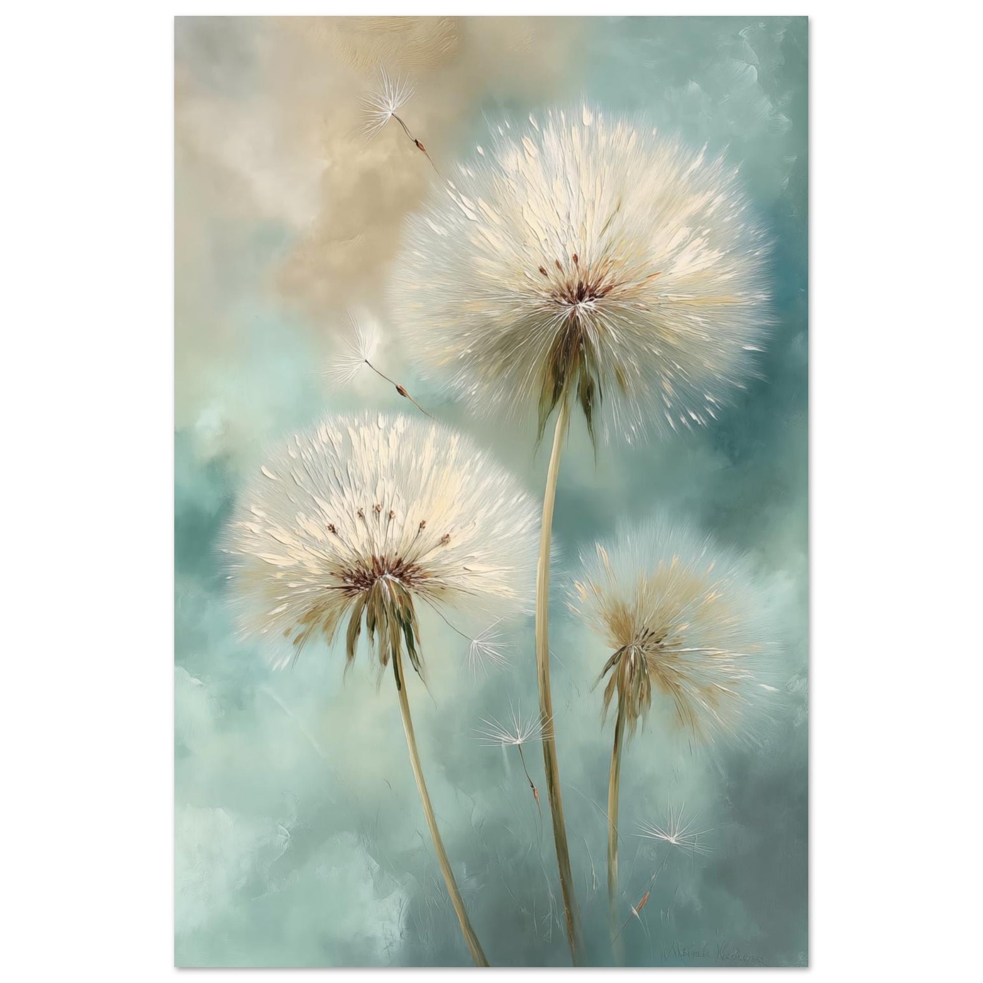 Wandbild „Pusteblumen im Wind“ mit drei Pusteblumen vor Hintergrund in Mint, Creme und Sand, 60x90 cm