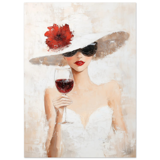 Poster „Impressionistische Eleganz“ mit eleganter Frau im weißen Kleid mit großem Hut und roter Blüte, 13x18 cm