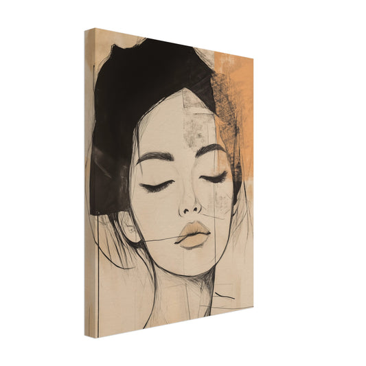 Leinwand „Zarte Linien im Portrait“ mit Frauenporträt mit geschlossenen Augen in Schwarz und Beige, 30x40 cm