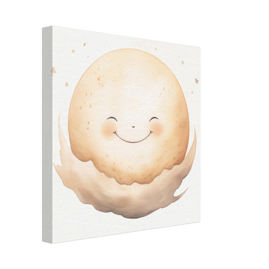 Leinwand „Milo, der Mond“ mit lächelnder Mond auf einer weichen Wolke in warmer Kinderbuchoptik, 30x30 cm