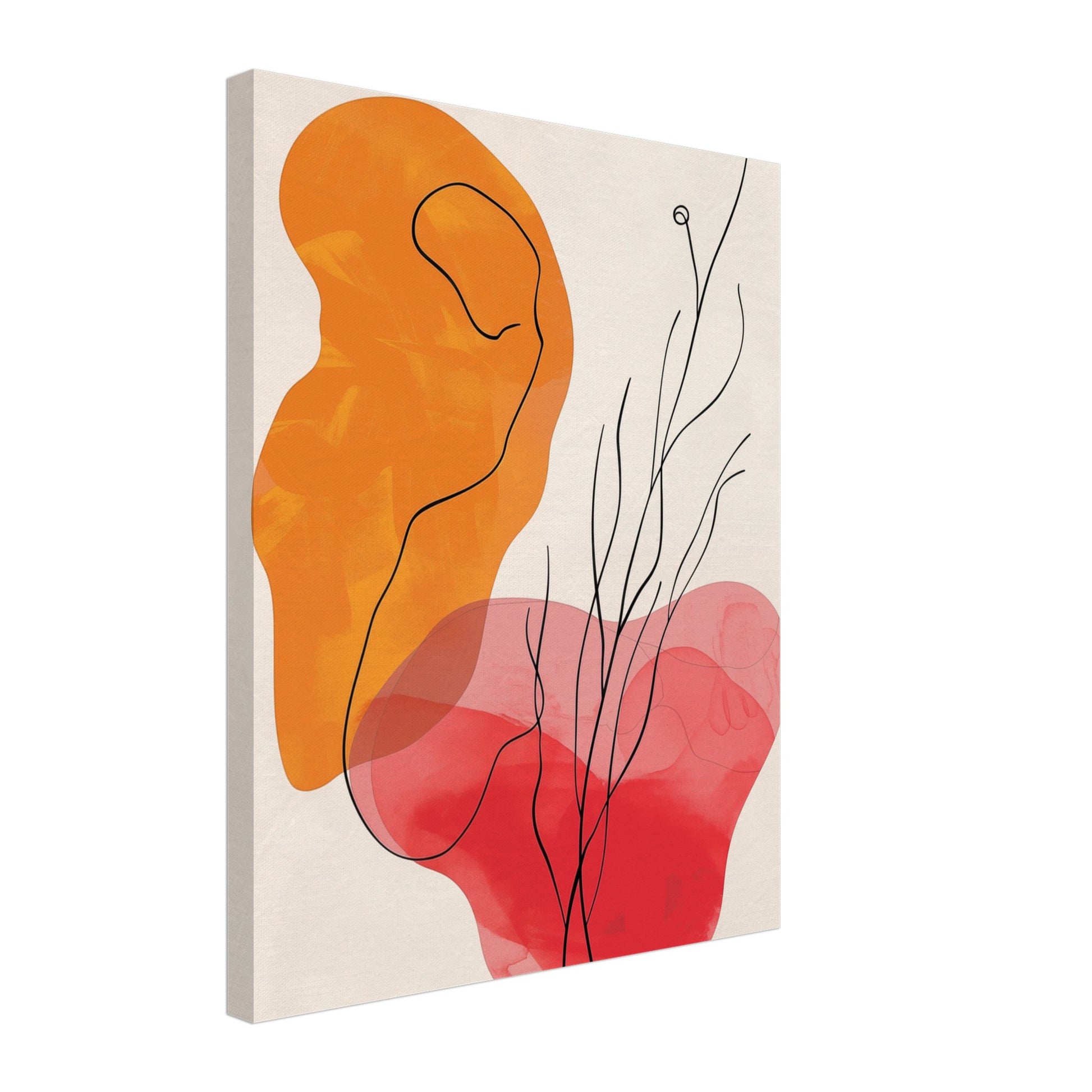 Leinwand „Flammenberührung“ mit abstrakte organische Farbflächen in Orange, Rot und Rosa mit feinen schwarzen Linien, 40x50 cm