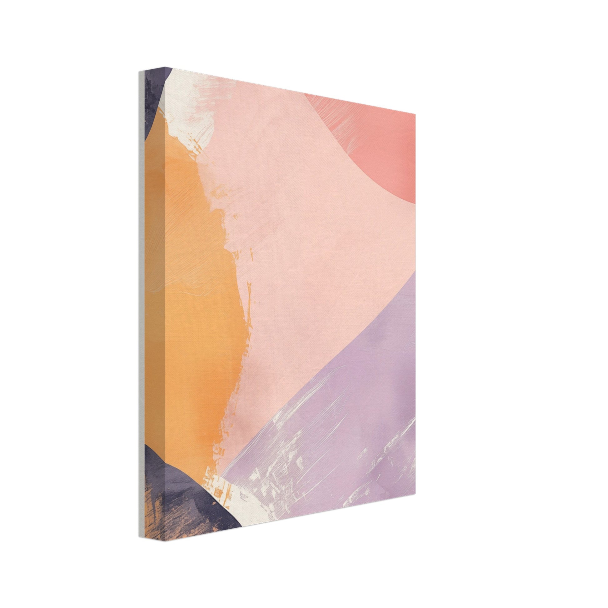 Leinwand „Geometrische Morgenröte“ mit abstrakte Pastellflächen in Koralle, Apricot, Flieder, Creme und Dunkelblau, 20x25 cm