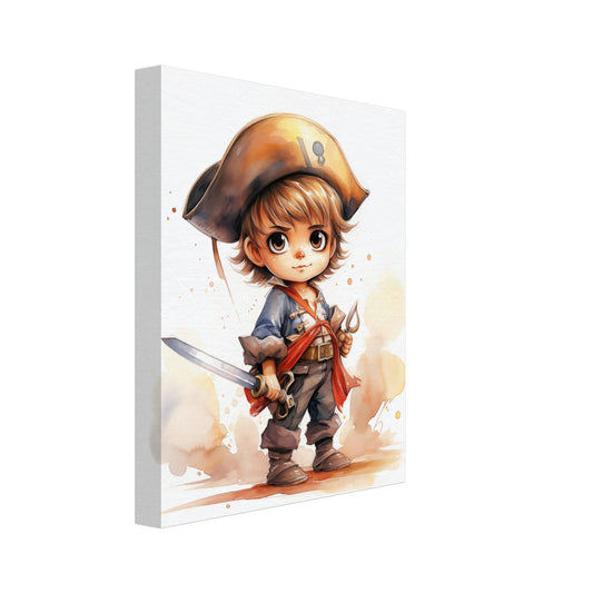 Leinwand „Pirat "Pete"“ mit niedlicher kleiner Pirat mit Hut und Schwert in Kinderbuchoptik, 20x25 cm