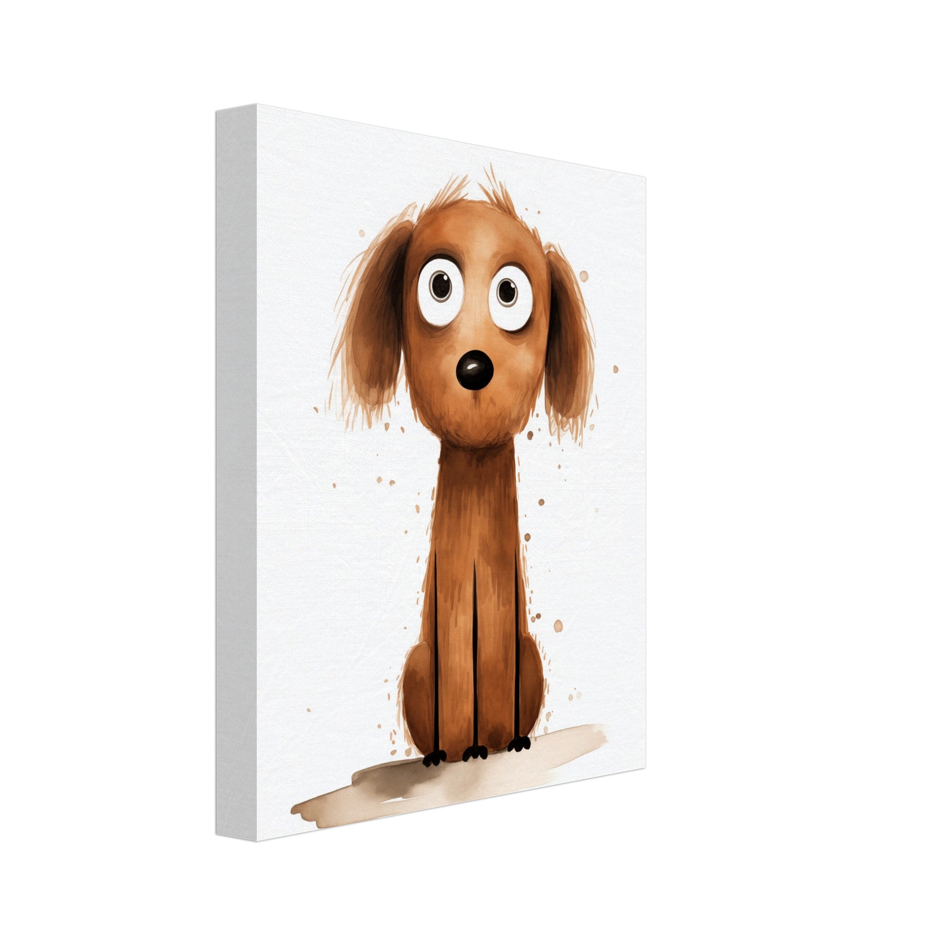 Leinwand „Buddy“ mit freundlicher brauner Cartoonhund mit großen wachsamen Augen, Format 20 × 25 cm