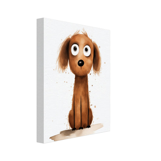 Leinwand „Buddy“ mit freundlicher brauner Cartoonhund mit großen wachsamen Augen, Format 20 × 25 cm