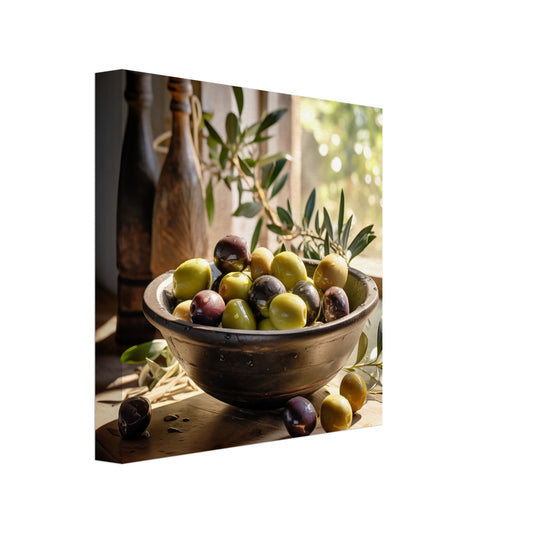 Leinwand „Olivenhain“ mit Oliven-Stillleben mit Schale, Olivenzweigen und warmem Licht, 20x20 cm
