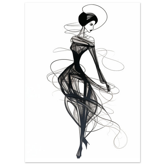 Poster „Whispers of the Wind“ mit elegante Frauenfigur als dynamische schwarze Line Art mit fließendem Kleid, 13x18 cm