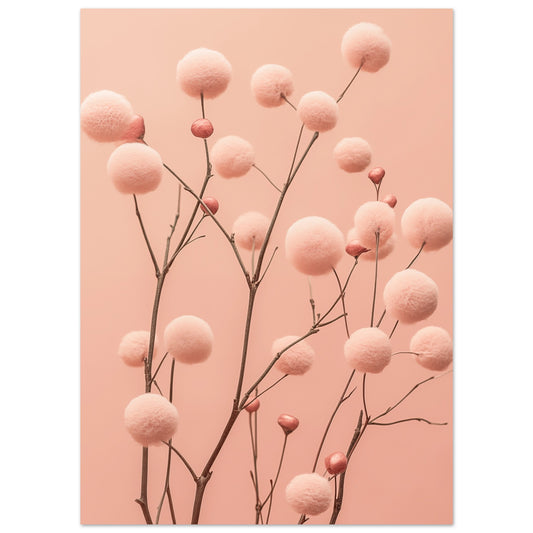 Poster „Zarte Blüten in Pastellrosa“ mit runde pastellrosa Blüten auf feinen dunklen Stielen vor rosafarbenem Grund, 13x18 cm