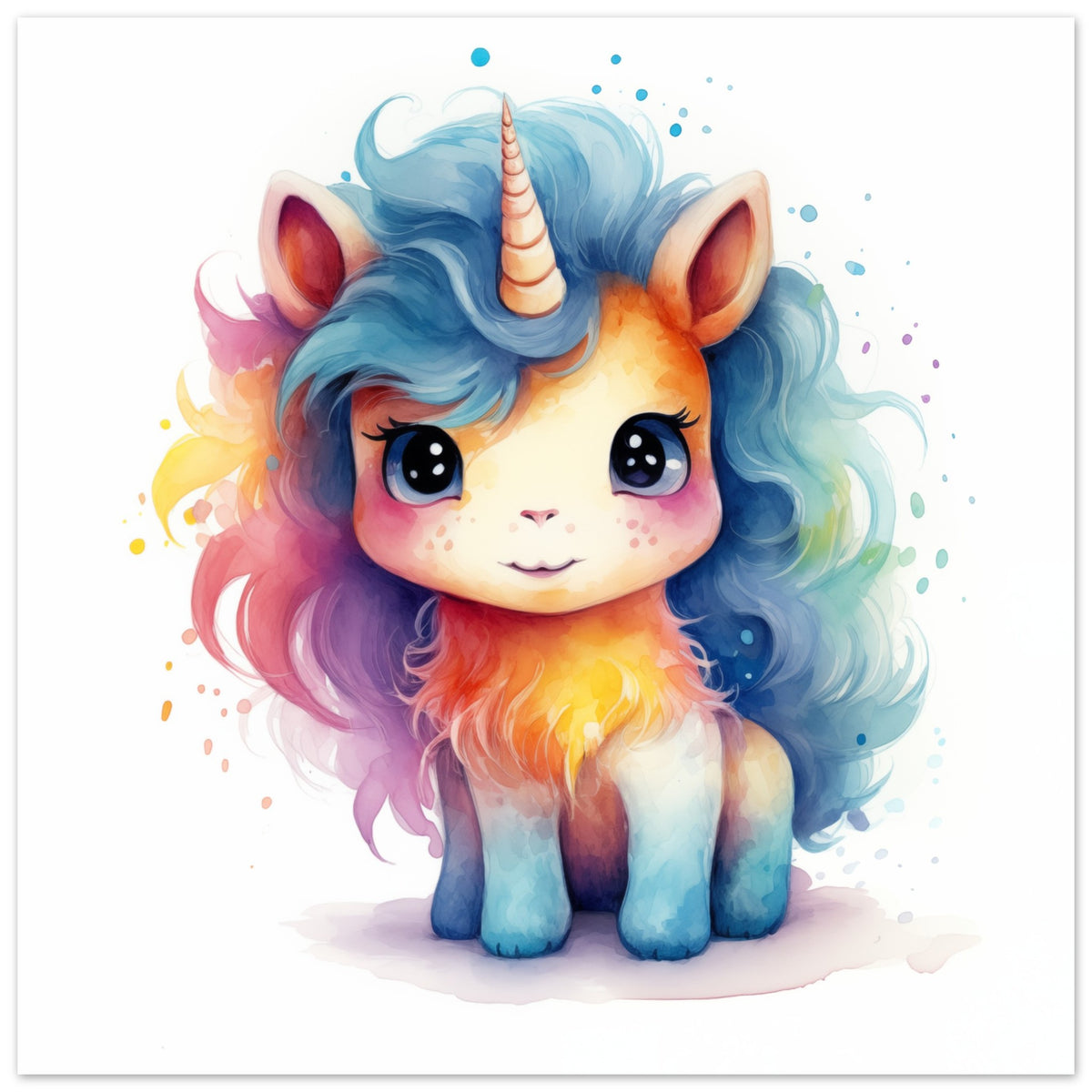 Poster „Einhorn "Stella"“ mit niedliches blaues Einhorn mit bunter Regenbogenmähne, 30x30 cm