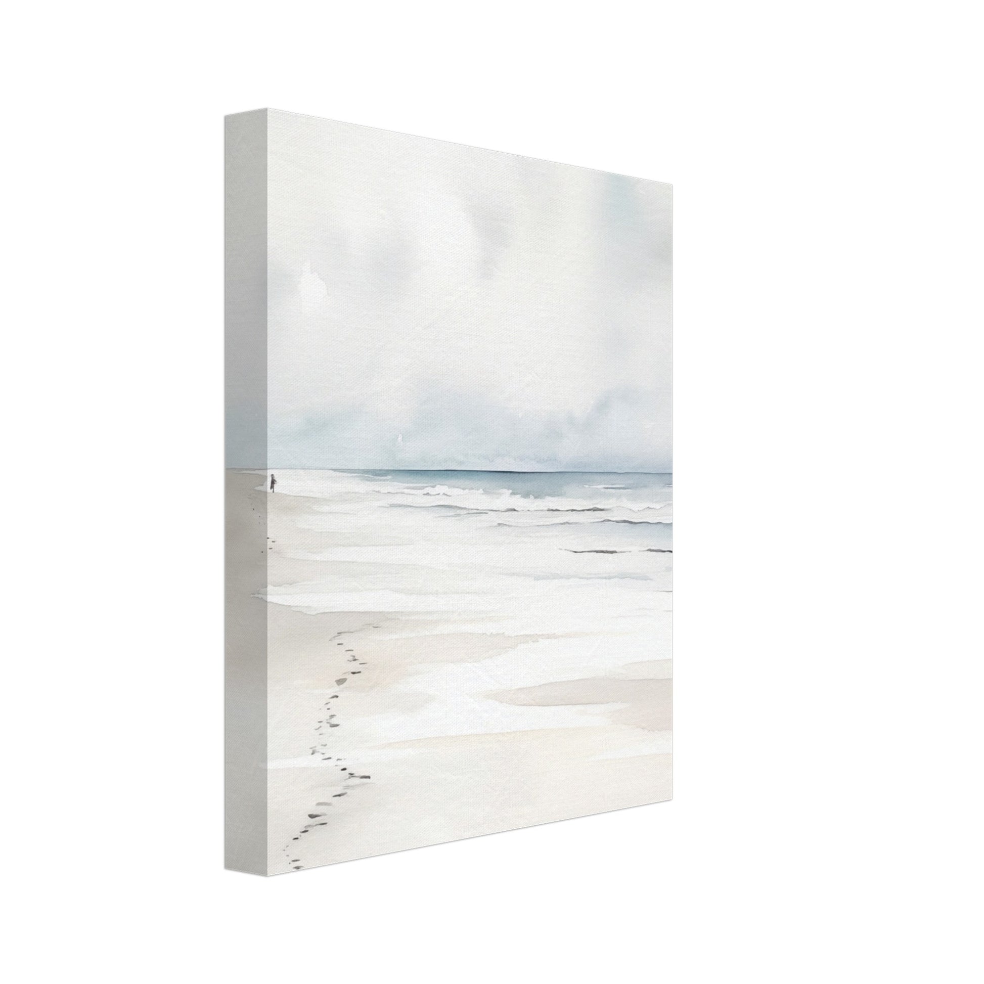 Leinwand „Sandspuren“ mit minimalistische helle Strandlandschaft mit sanften Spuren im Sand und blassem Himmel, 20x25 cm