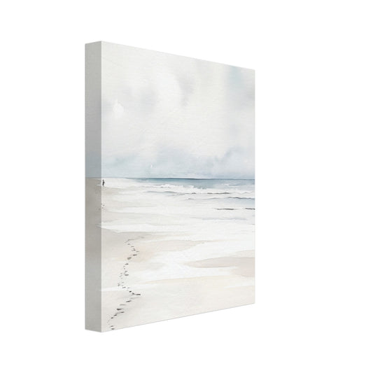 Leinwand „Sandspuren“ mit minimalistische helle Strandlandschaft mit sanften Spuren im Sand und blassem Himmel, 20x25 cm