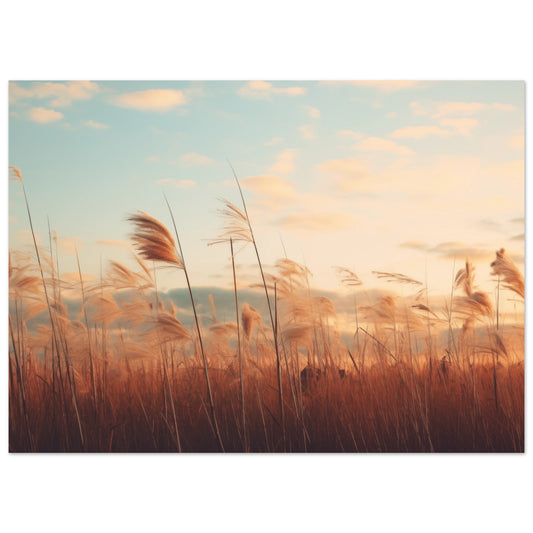 Poster „Flüstern des Feldes“ mit weites Feld mit Gräsern im goldenen Sonnenuntergang unter pastellblauem Himmel, 13x18 cm