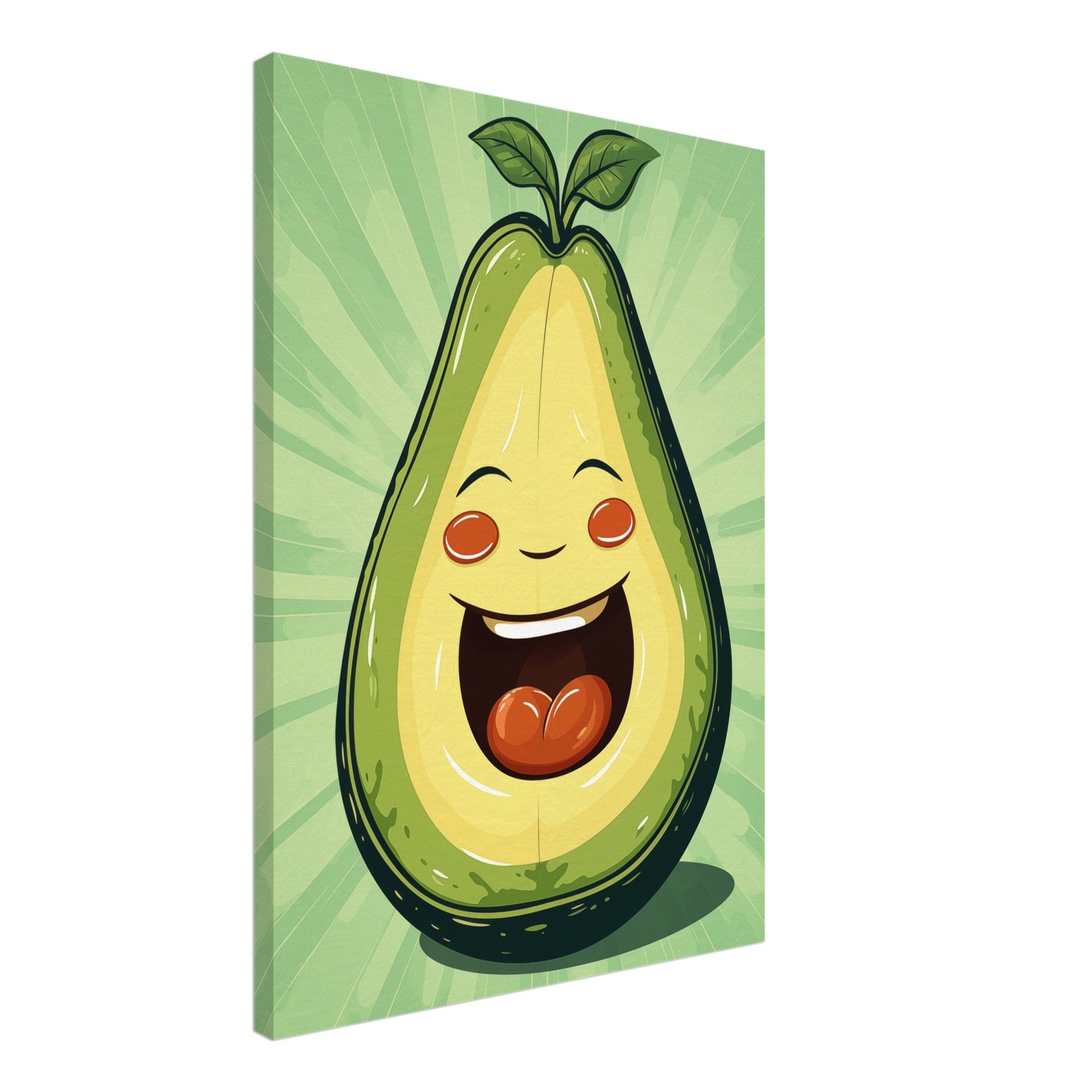 Leinwand „Glückliche Avocado“ mit fröhliche Avocadofigur mit lachendem Gesicht auf hellgrünem Hintergrund, 50x70 cm