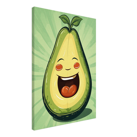 Leinwand „Glückliche Avocado“ mit fröhliche Avocadofigur mit lachendem Gesicht auf hellgrünem Hintergrund, 50x70 cm