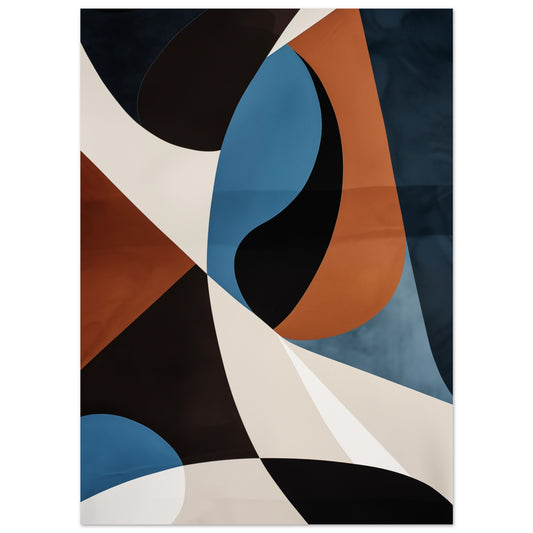 Poster „Fluid Abstractions“ mit abstrakte Mid-Century-Formen in Schwarz, Creme, Blau und Rost, 13x18 cm