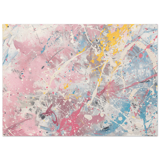Poster „Frühlingsrauschen“ mit abstrakte Frühlingsfarben als dynamische Spritzer in Rosa, Hellblau, Gelb und Weiß, 13x18 cm