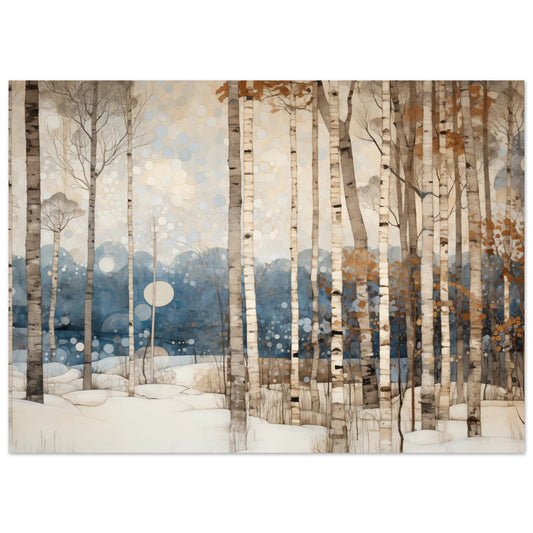 Poster „Winterliche Stille“ mit winterlichem Birkenwald in Creme, Grau, Blau und Beige, 13x18 cm