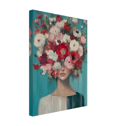 Leinwand „Florale Fantasie“ mit Frauenporträt mit üppigem Blumenstrauß vor dem Gesicht, 30x40 cm