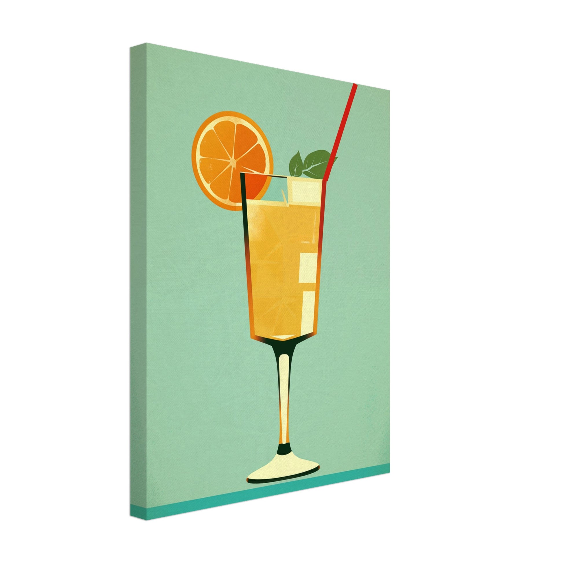 Leinwand „Happy Hour“ mit orangefarbener Cocktail mit Zitrusscheibe und rotem Strohhalm auf mintgrünem Hintergrund, 30x40 cm