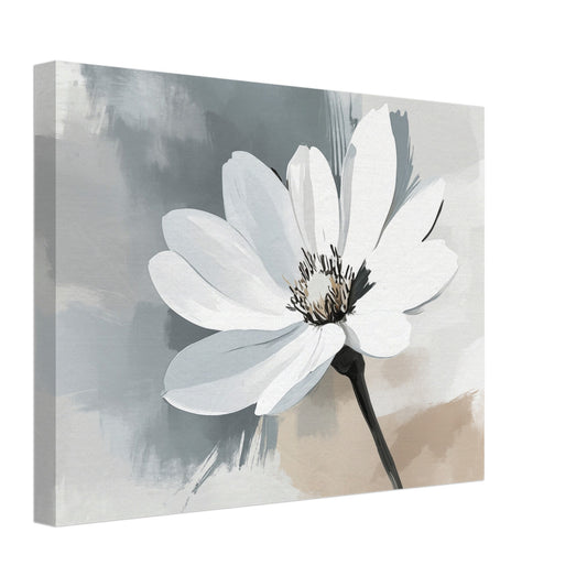 Leinwand „Elegante Einfachheit: Blüten in Pinselstrichen“ mit weiße Blüte mit graubeigen aquarellierten Pinselstrichen, 30x40 cm