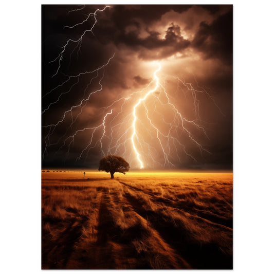 Poster „Gewitterleuchten“ mit Blitz über einem einzelnen Baum in dramatischer Gewitterlandschaft, 13x18 cm