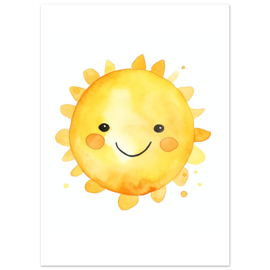 Poster „Sunny, die Sonne“ mit niedlicher lächelnder gelber Sonne auf weißem Grund, 13x18 cm