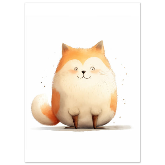 Poster „Fuchs "Finley"“ mit runder, freundlicher orangefarbener Fuchs mit cremefarbenem Bauch auf hellem Grund, 13x18 cm